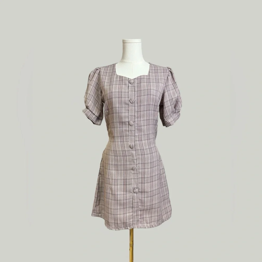Plaid Dress Women Size Medium Brown Midi Sweetheart Neckline Puff Short Sleeves - Picture 2 of 11